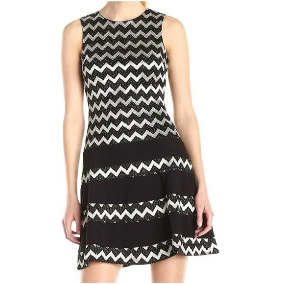 Betsy & Adam Dresses & Skirts - Betsy & Adam Metallic Fit & Flare Dress Chevron Print Stripe Black Silver Gold 8